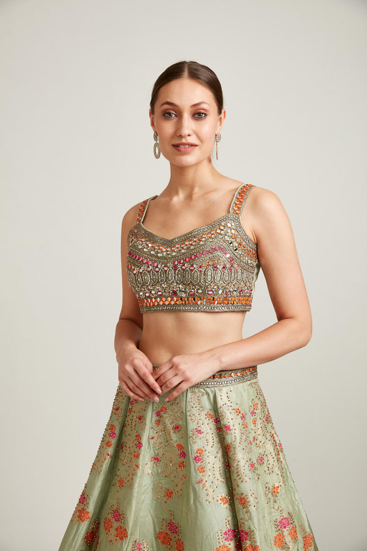 Neerus Pista Color Banaras Fabric Lehenga Choli