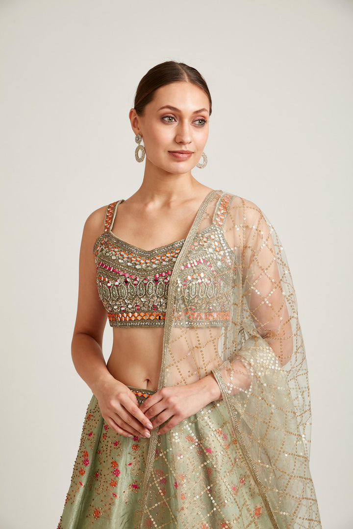 Neerus Pista Color Banaras Fabric Lehenga Choli