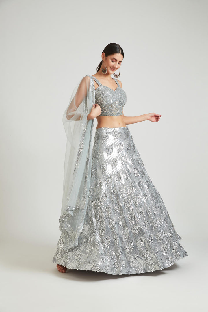 Neerus Grey net embellished lehenga choli set - side view