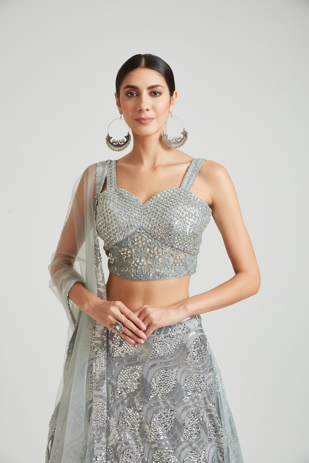 Neerus Grey net embellished lehenga choli set - detail view 1