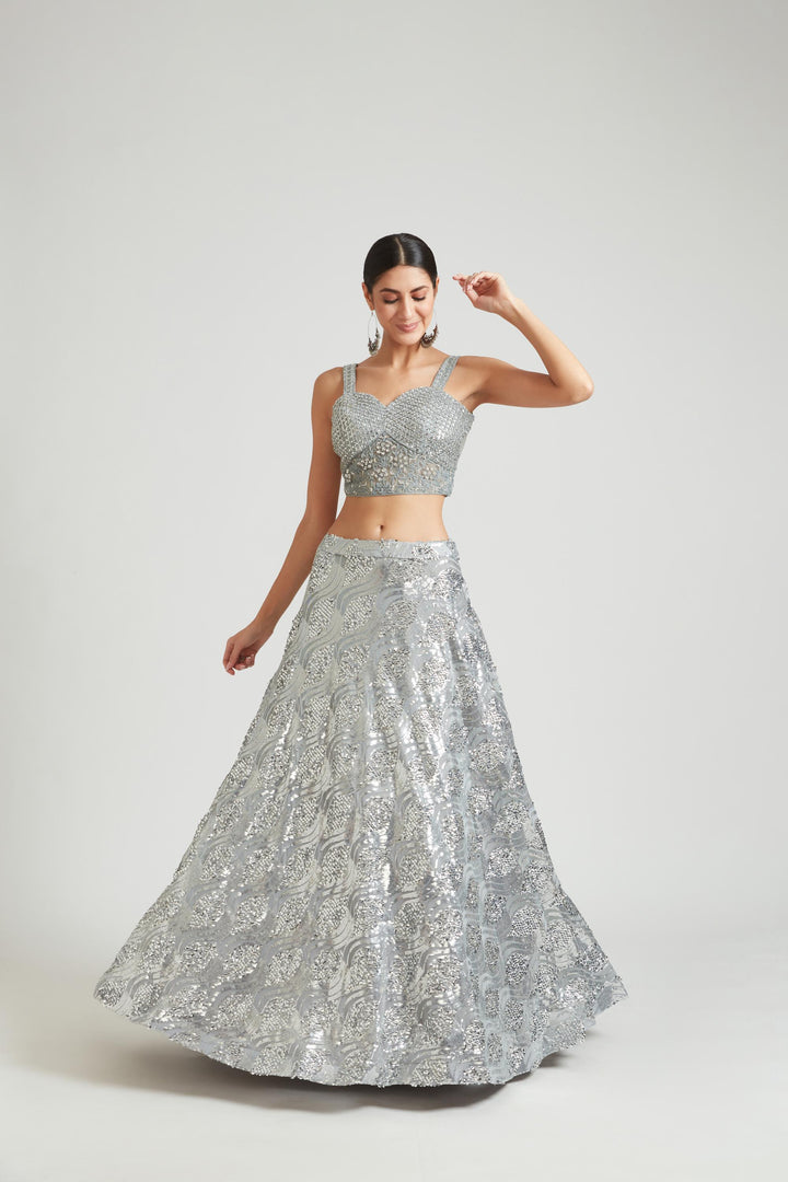 Neerus Grey net embellished lehenga choli set - front view