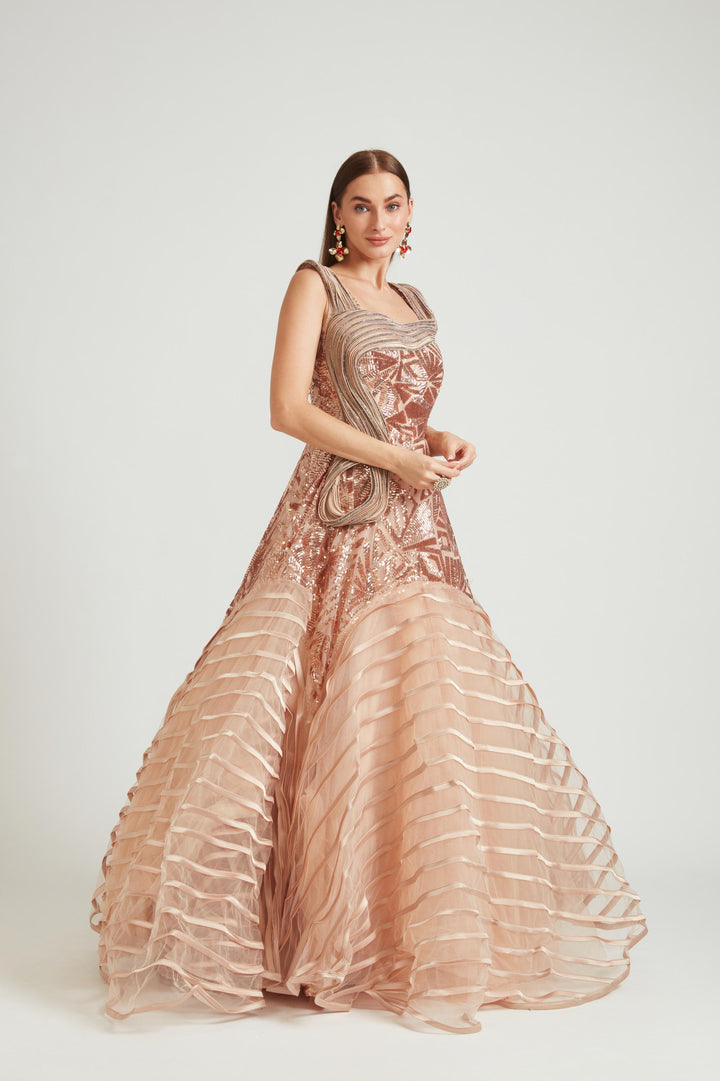 Neerus Gold net embroidered gown - back view