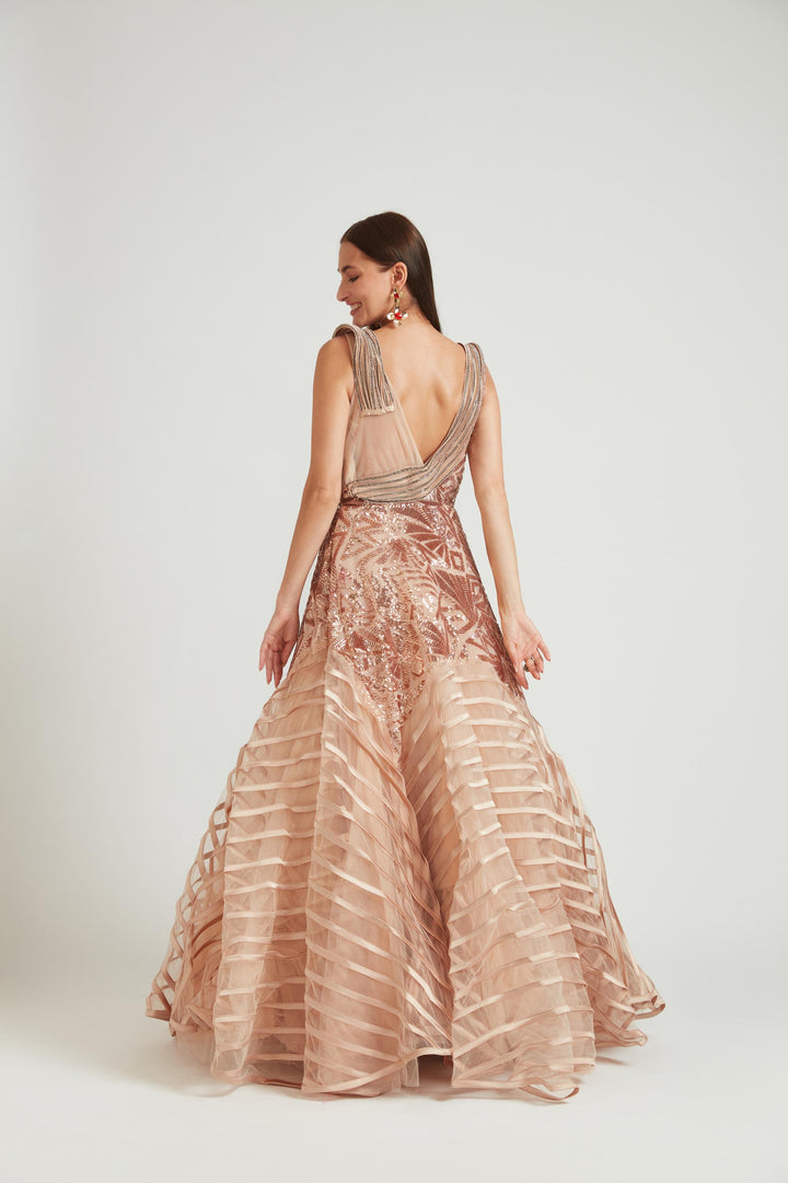 Neerus Gold net embroidered gown - side view