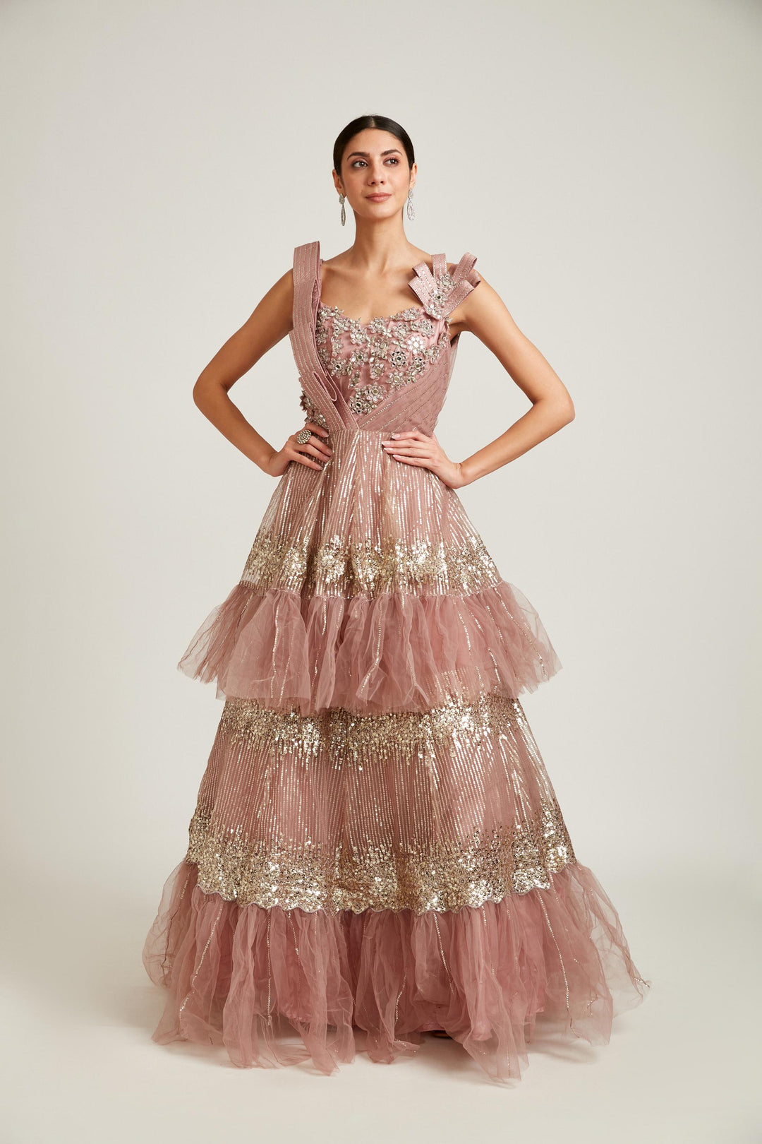 Neerus Pink net embroidered gown - front view