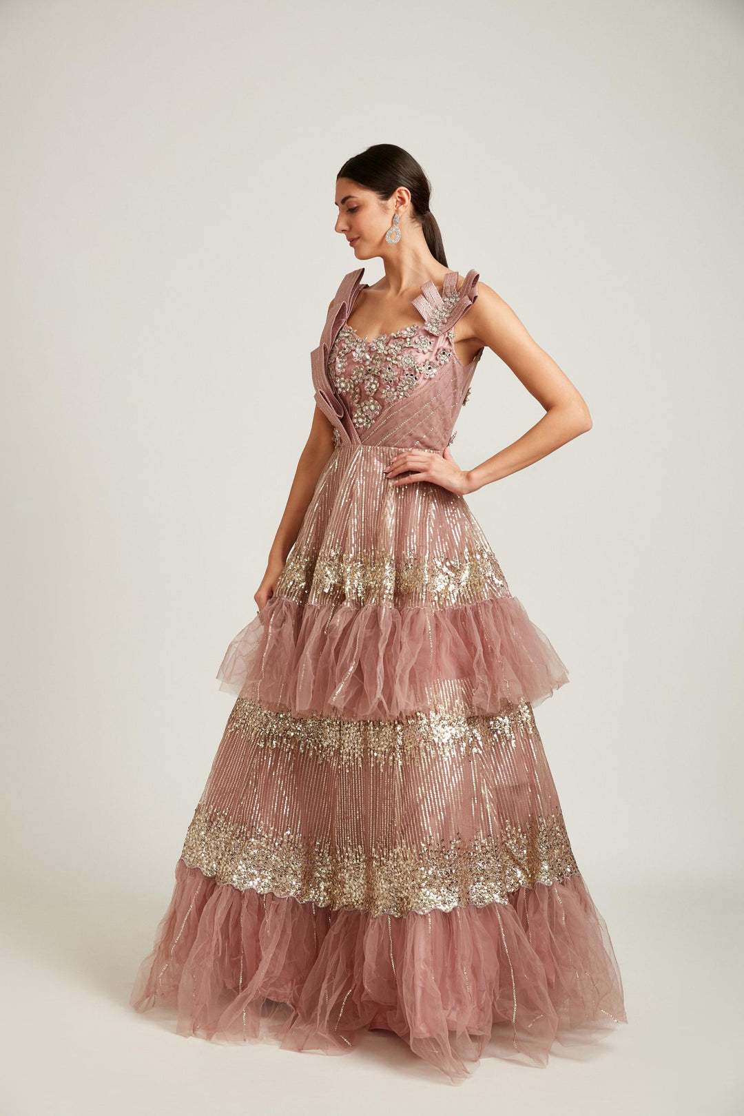 Neerus Pink net embroidered gown - back view