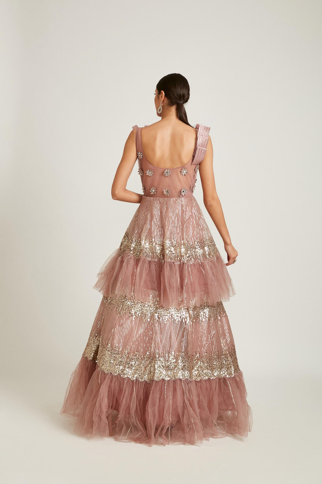 Neerus Pink net embroidered gown - side view