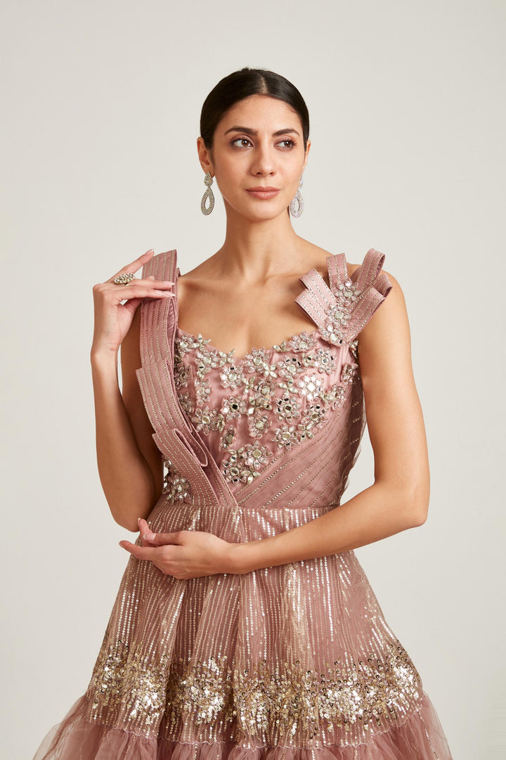 Neerus Pink net embroidered gown - detail view 1
