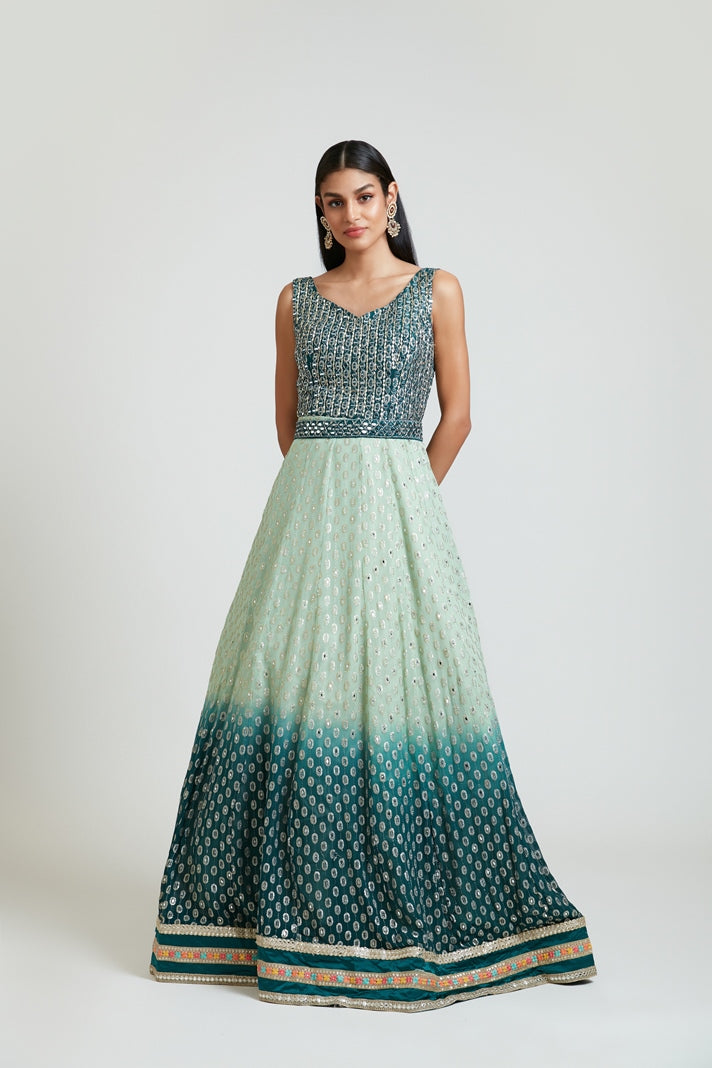 Neerus Green Floral Embroidered Georgette A-Line Dress for Party Women   Neerus India
