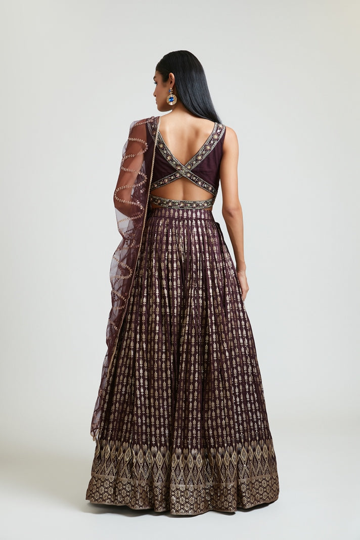 Neerus Women Banaras Wine Ghagra Set