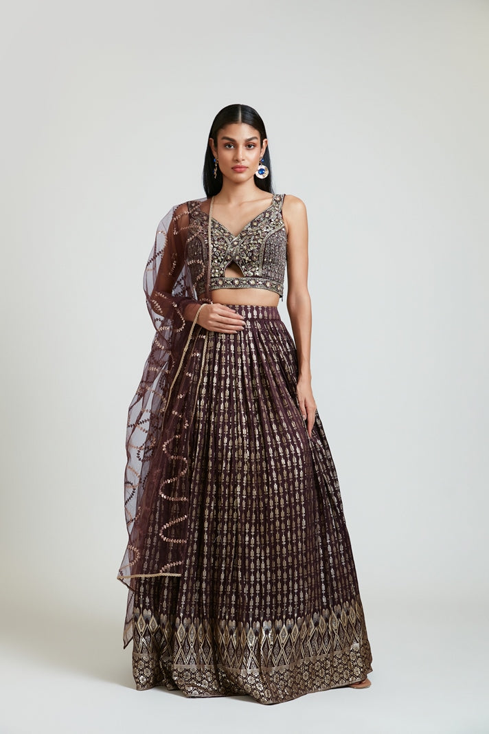 Neerus Women Banaras Wine Ghagra Set