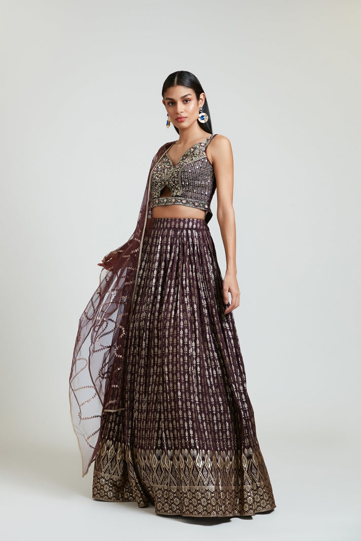 Neerus Women Banaras Wine Ghagra Set