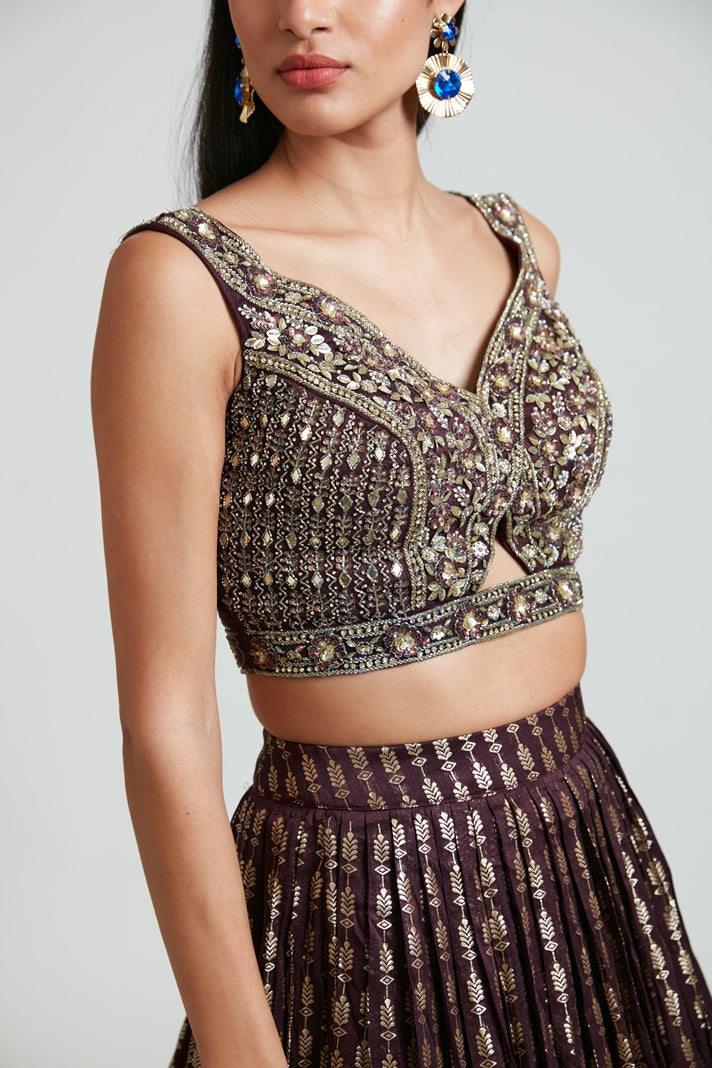 Neerus Women Banaras Wine Ghagra Set