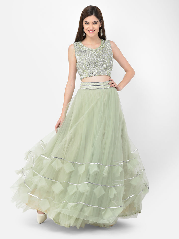 Neerus Green net embellished lehenga choli set - detail view 5