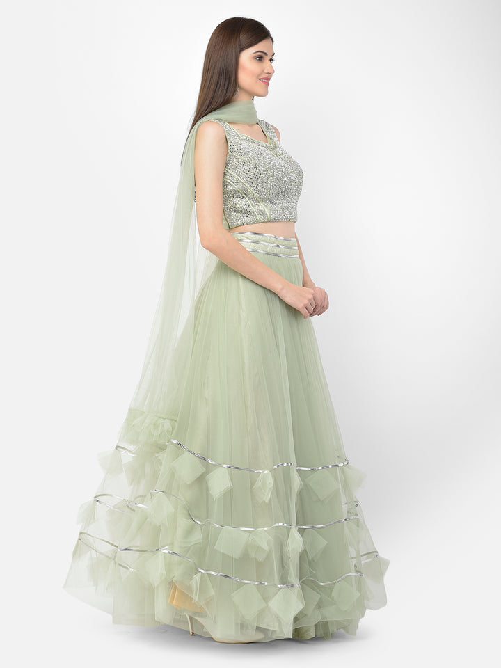 Neerus Green net embellished lehenga choli set - side view
