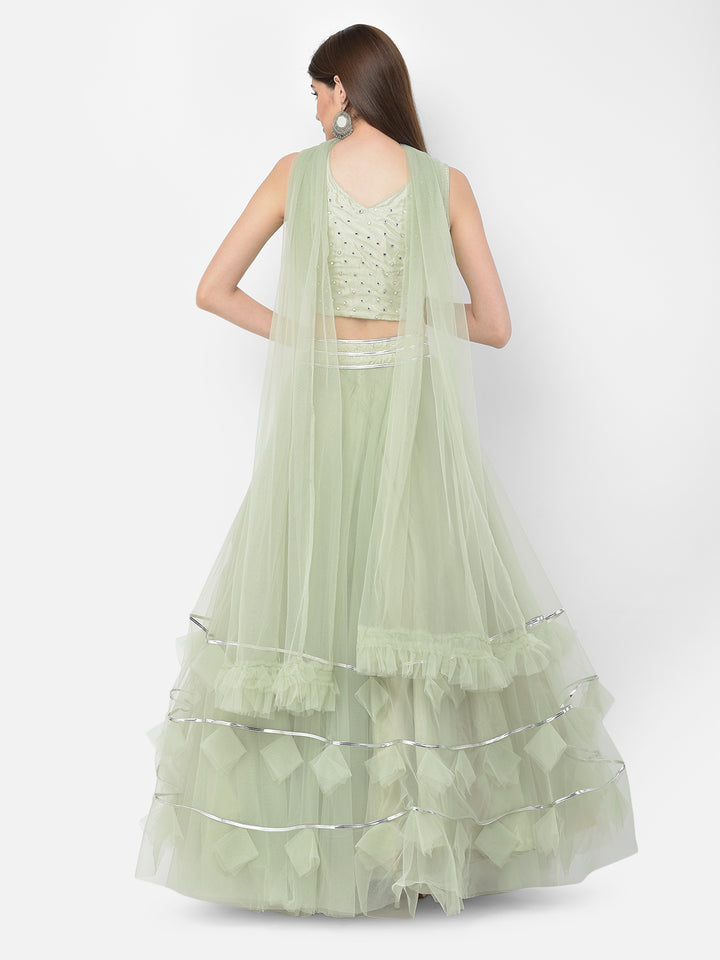 Neerus Green net embellished lehenga choli set - detail view 1