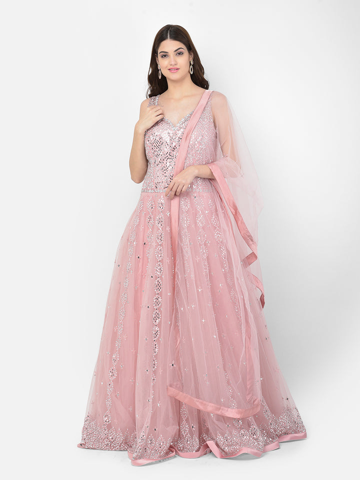 Neerus Baby Pink Color Nett Fabric Gown