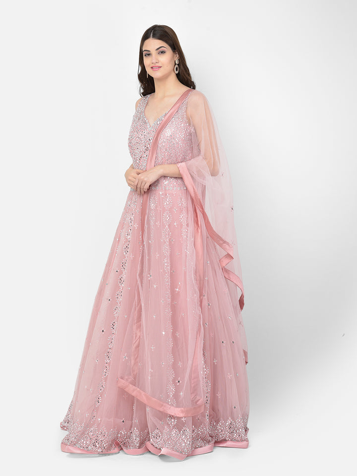 Neerus Baby Pink Color Nett Fabric Gown
