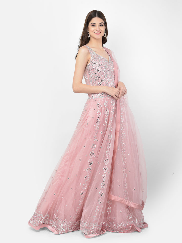Neerus Baby Pink Color Nett Fabric Gown