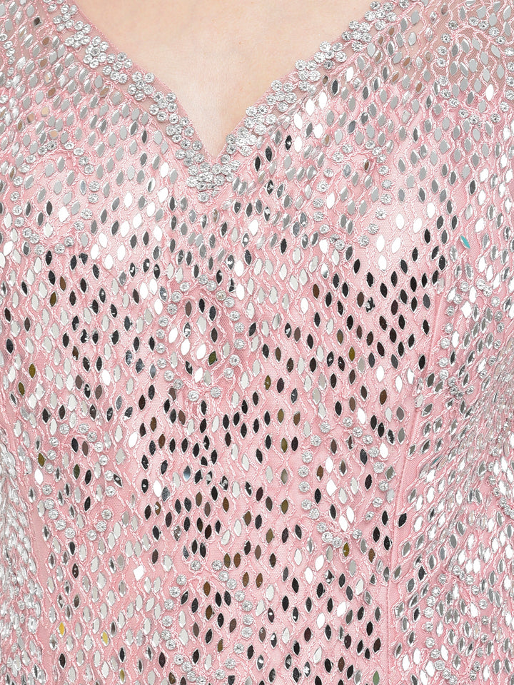 Neerus Baby Pink Color Nett Fabric Gown