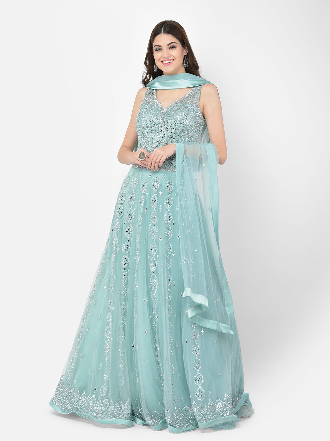 Neeru's Sea Green Color Nett Fabric Gown