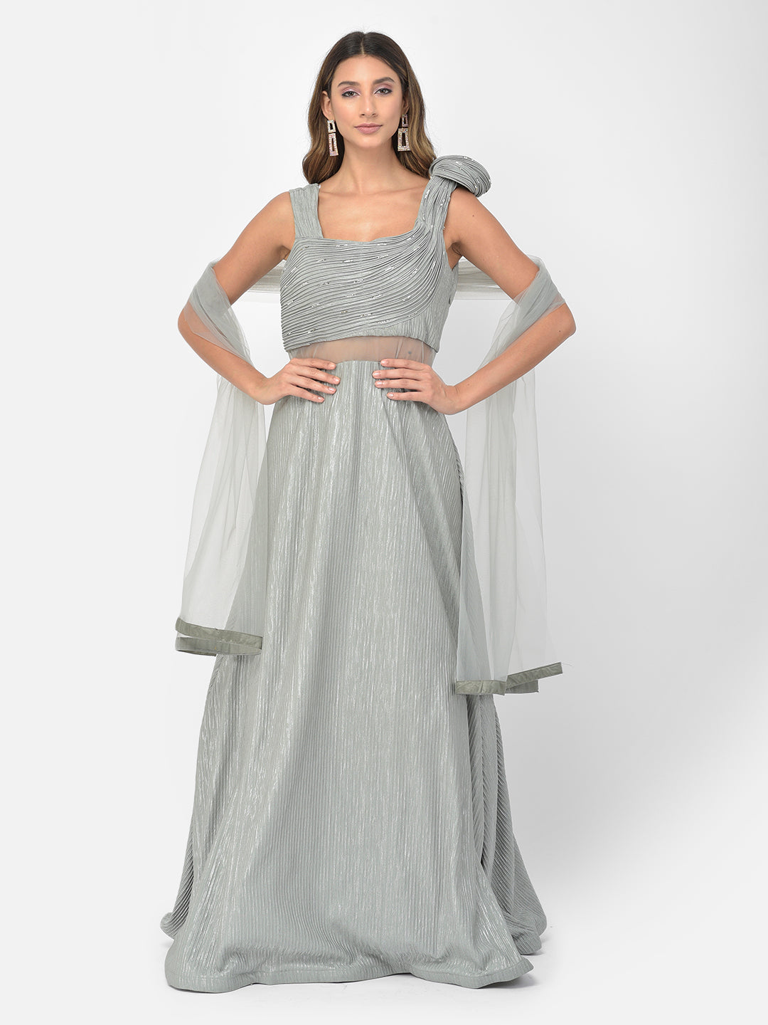 Neerus Green embellished flared gown - front view