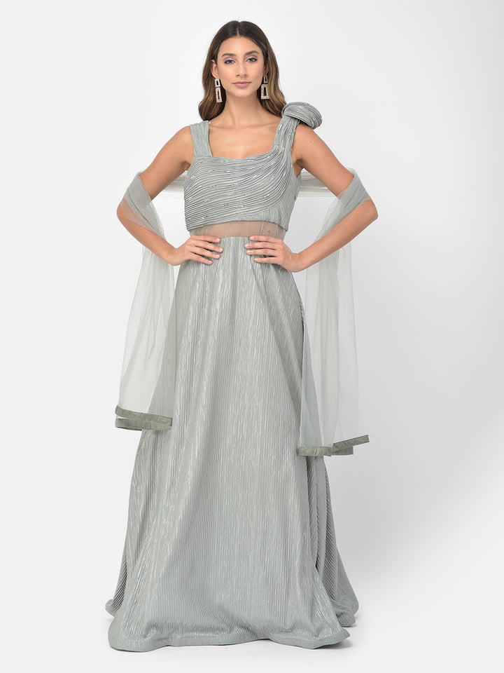 Neerus Green embellished flared gown - front view