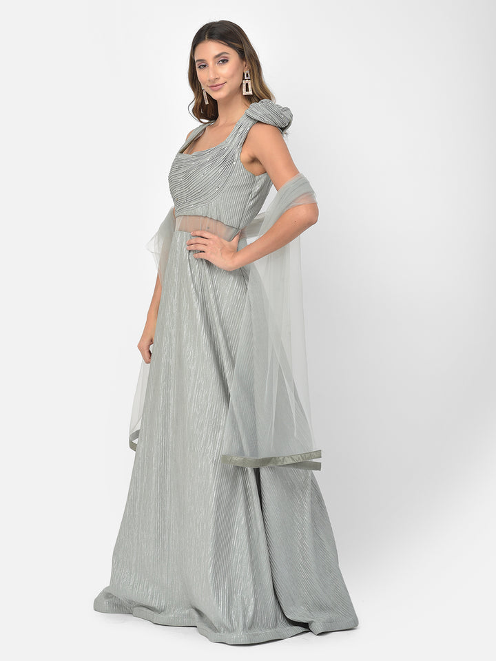 Neerus Green embellished flared gown - back view