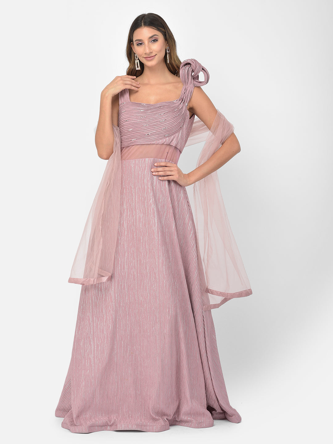 Neerus Onion Color Lycra Fabric Gown