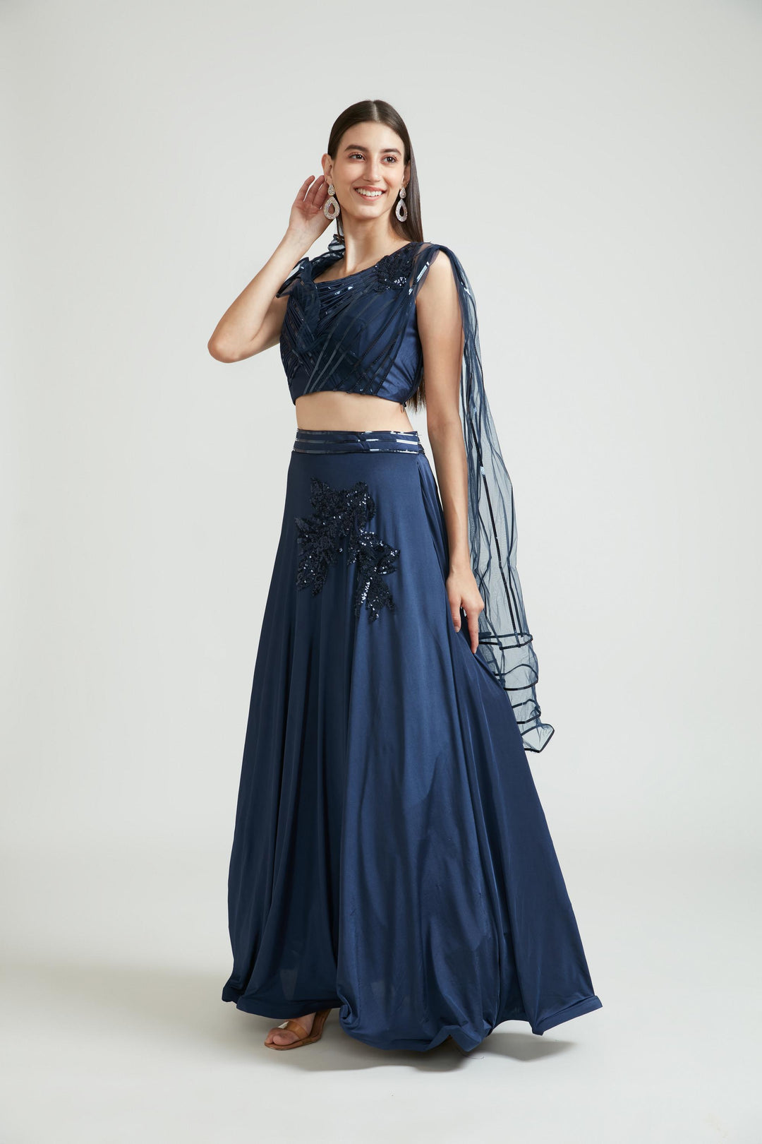 Neerus Blue polyester embellished lehenga choli set - front view