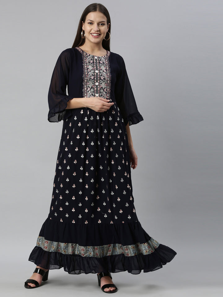 Neerus Navy Blue Color Georgette Fabric Kurta
