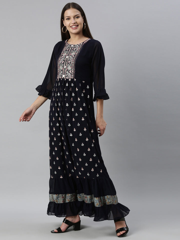 Neerus Navy Blue Color Georgette Fabric Kurta