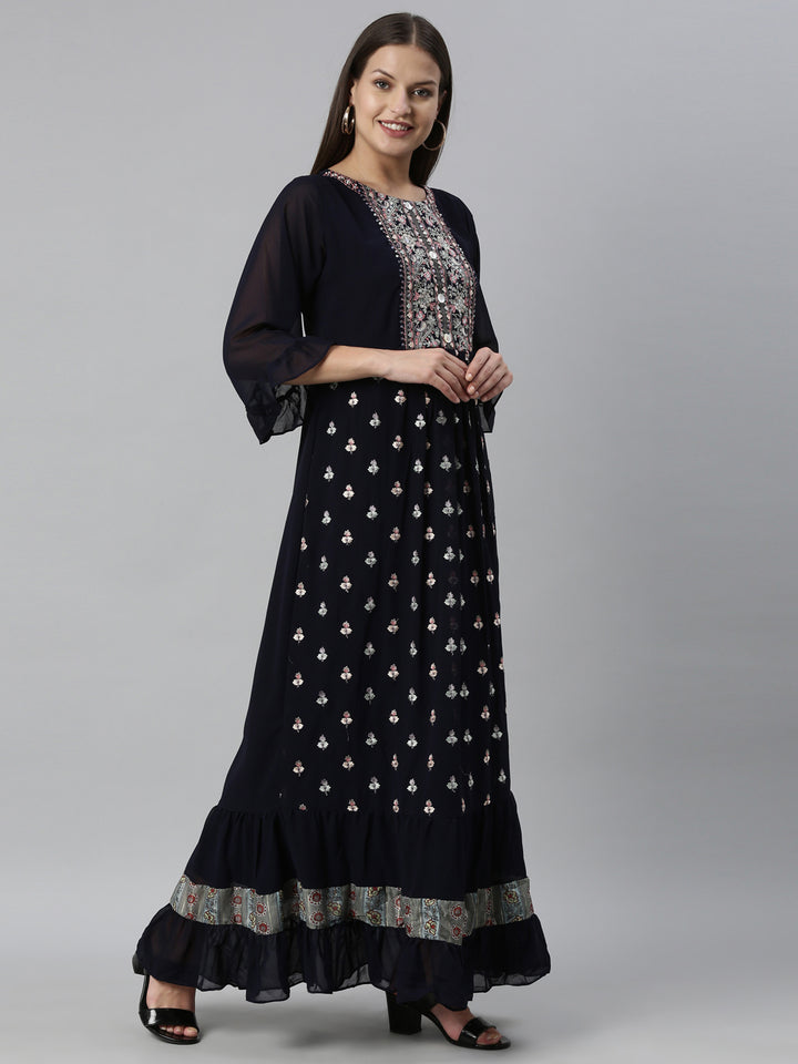 Neerus Navy Blue Color Georgette Fabric Kurta