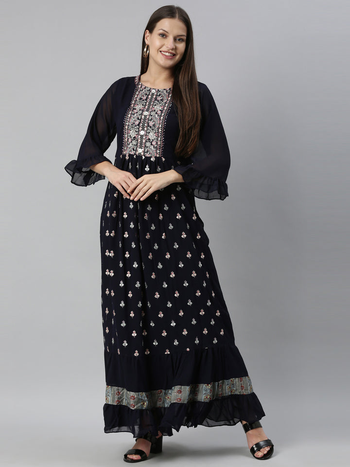 Neerus Navy Blue Color Georgette Fabric Kurta