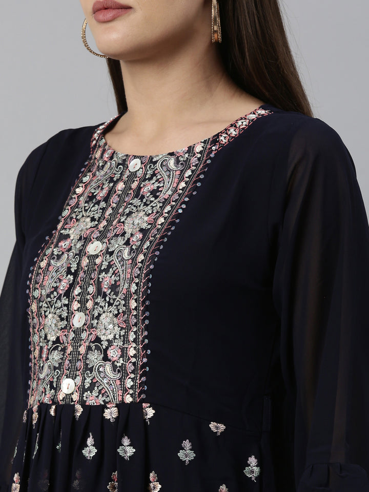 Neerus Navy Blue Color Georgette Fabric Kurta