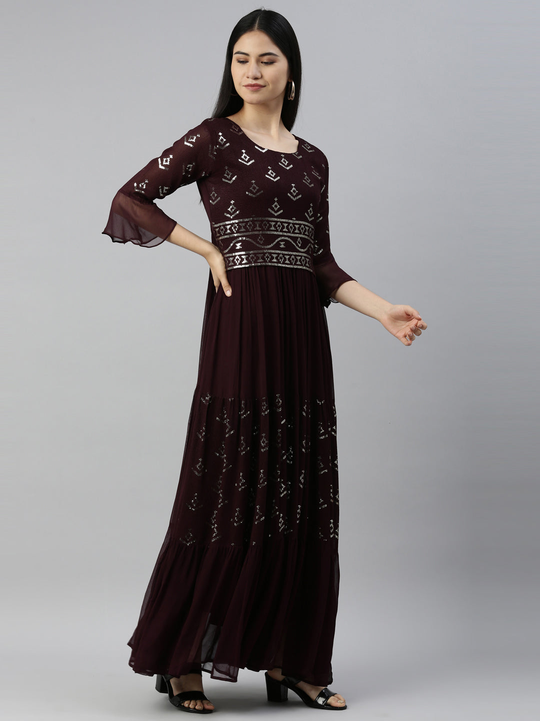Neerus Maroon chiffon kurta - detail view 1