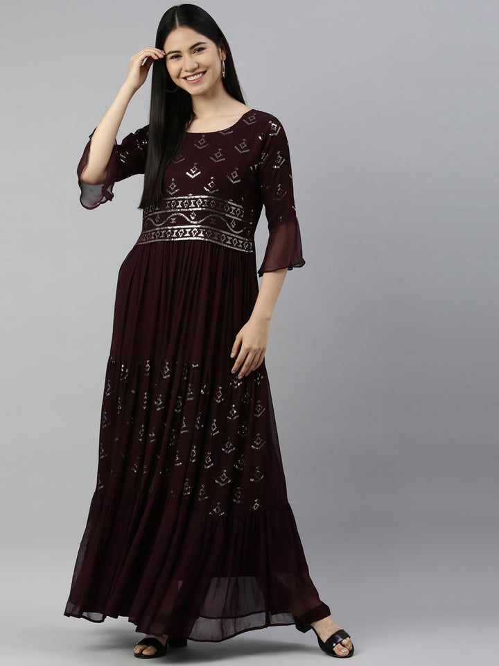 Neerus Maroon chiffon kurta - detail view 3