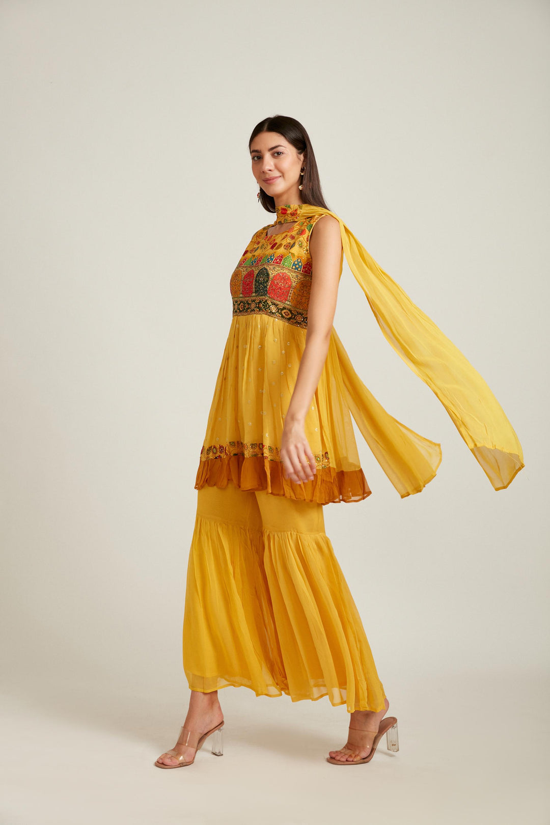 Neerus Yellow georgette printed kurta set - front view