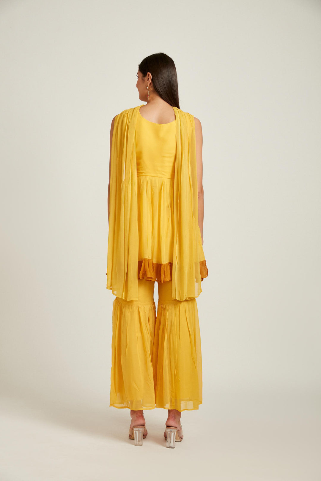 Neerus Yellow georgette printed kurta set - back view