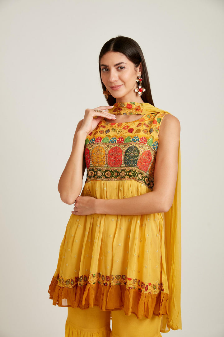 Neerus Yellow georgette printed kurta set - side view