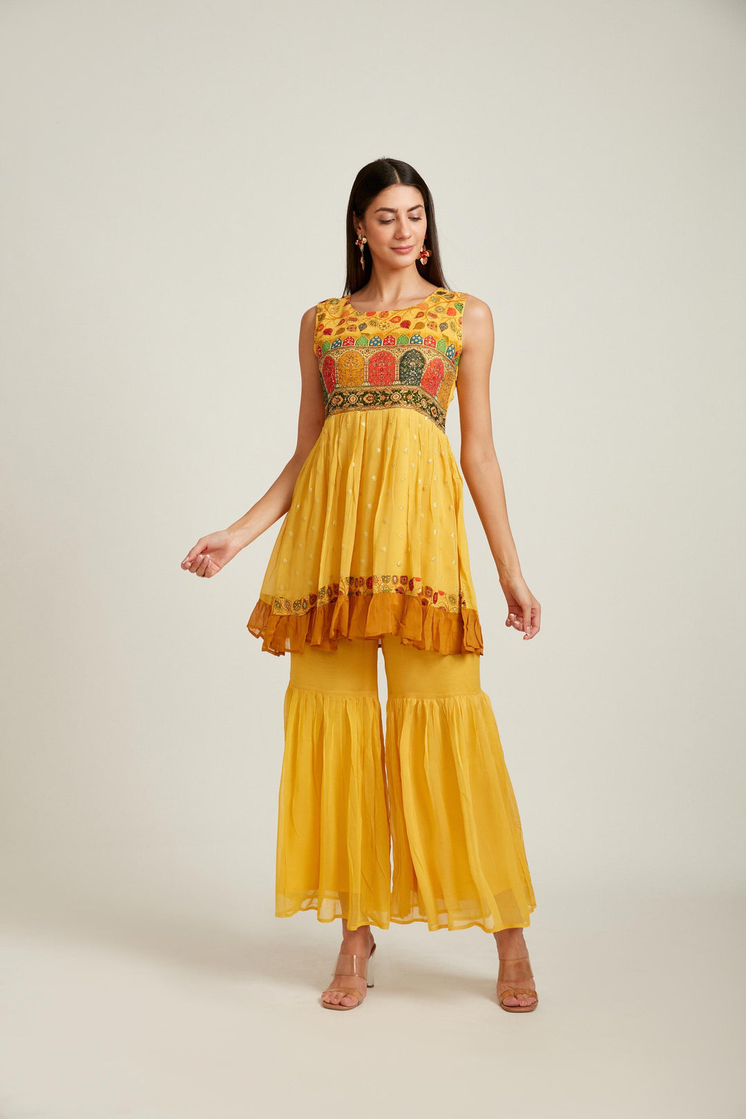 Neerus Yellow georgette printed kurta set - detail view 1
