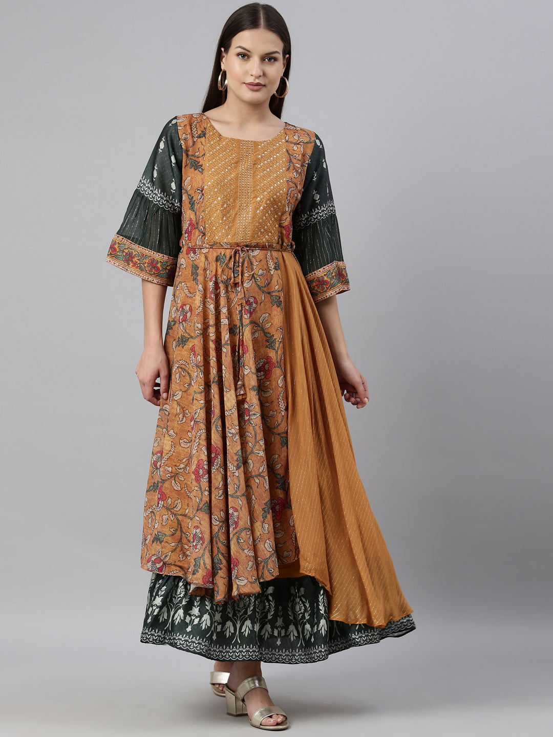 Neerus Yellow georgette solid kurta - front view