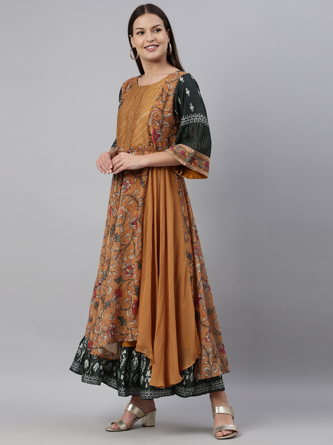 Neerus Yellow georgette solid kurta - side view