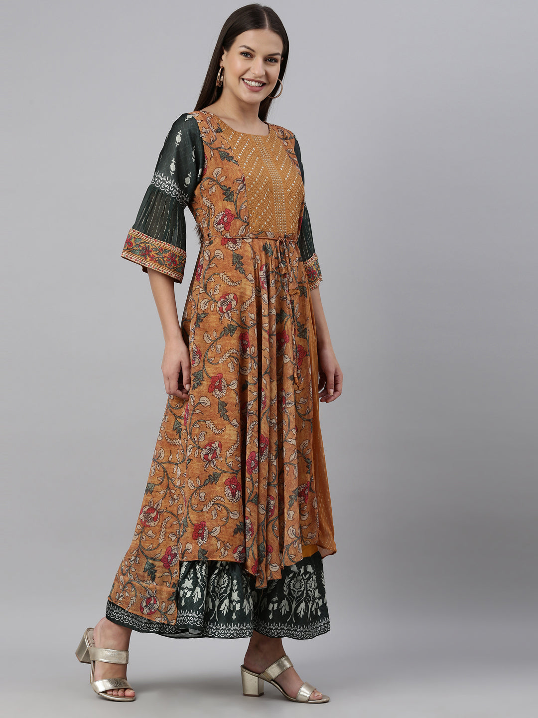 Neerus Yellow georgette solid kurta - detail view 1