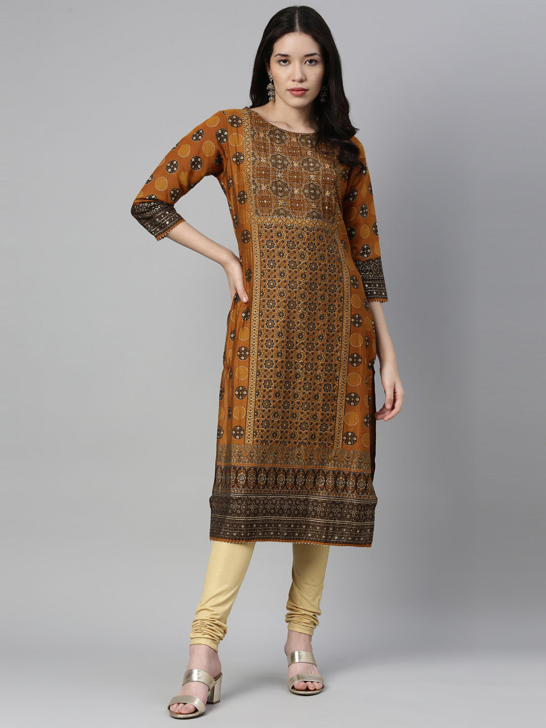 Neerus Gold cotton embellished leggings - front view