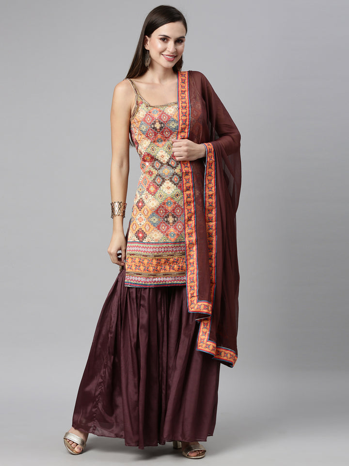 Neerus Beige Color Jute Silk Fabric Kurta Sets With Dupatta