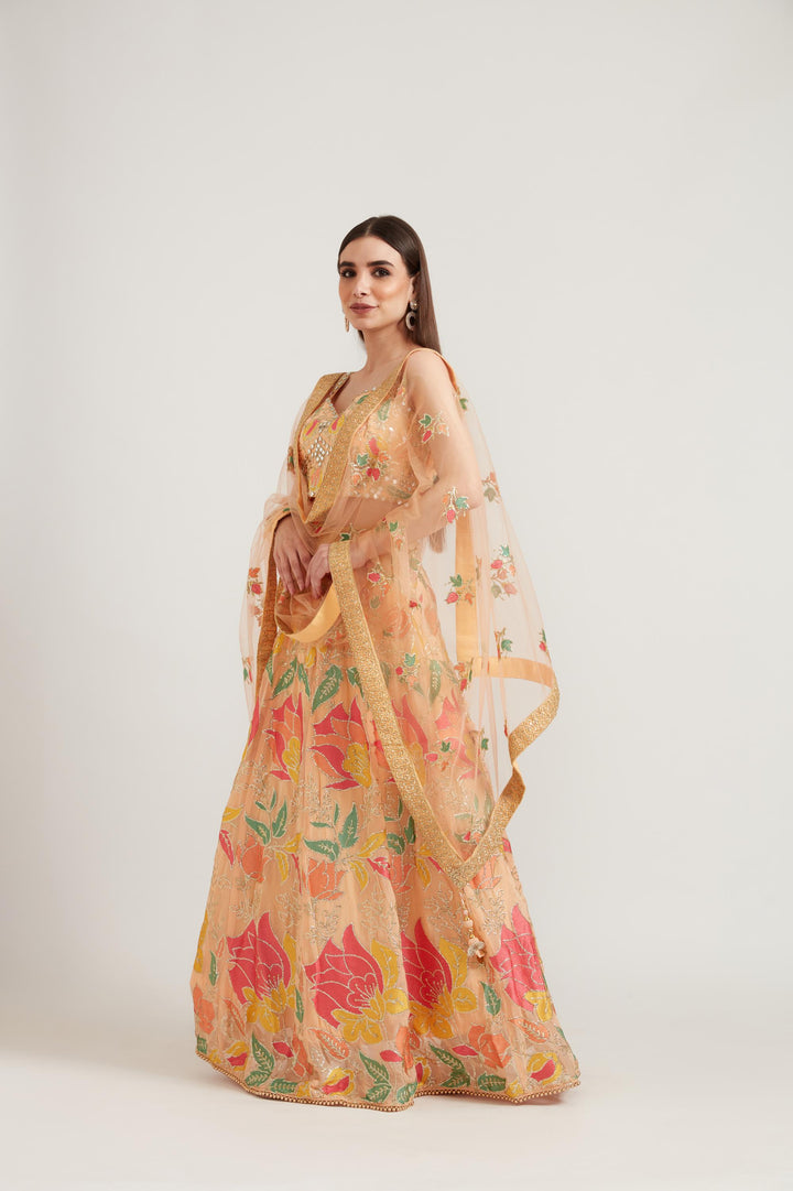 Neerus Orange georgette embellished lehenga ghagra set - back view