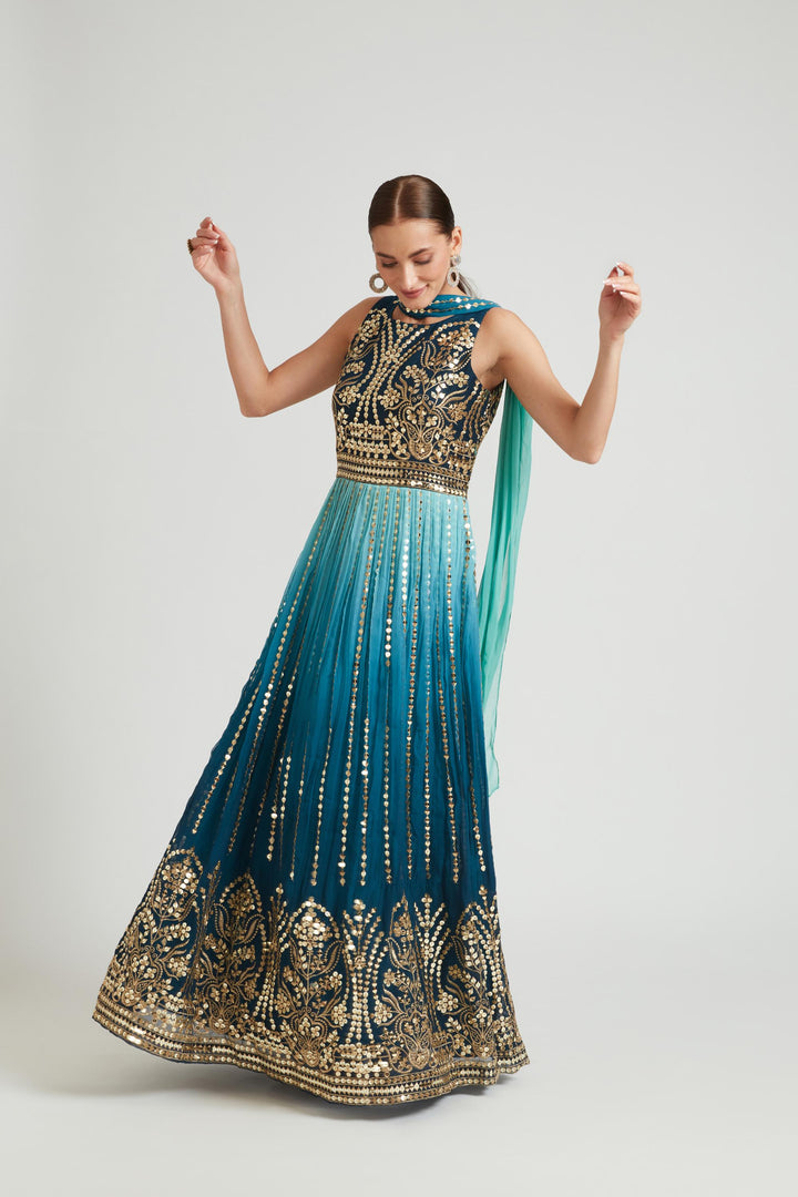 Neerus Green Georgette Embroidered Gown - back view