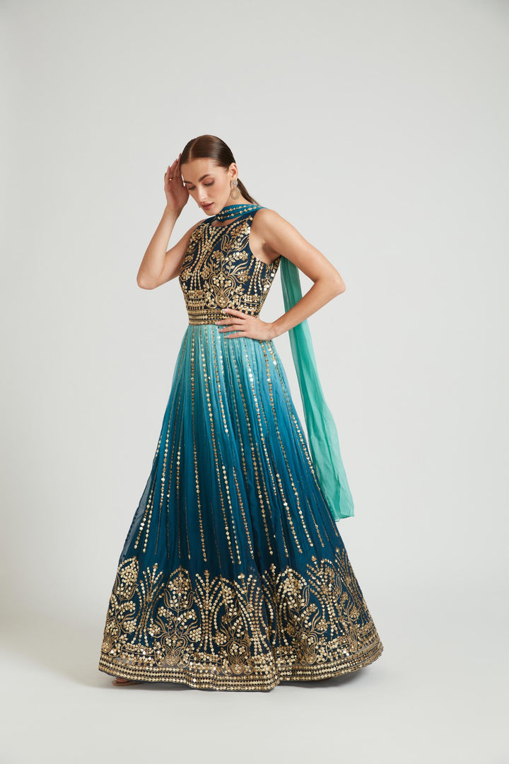 Neerus Green Georgette Embroidered Gown - detail view 1