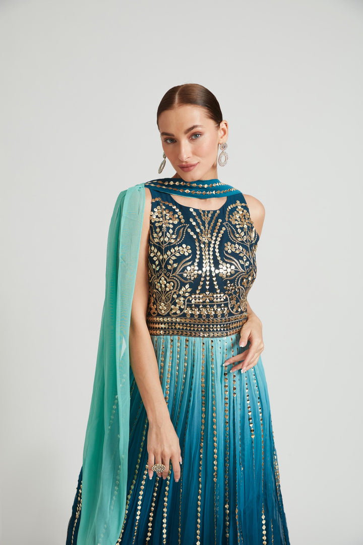 Neerus Green Georgette Embroidered Gown - detail view 2