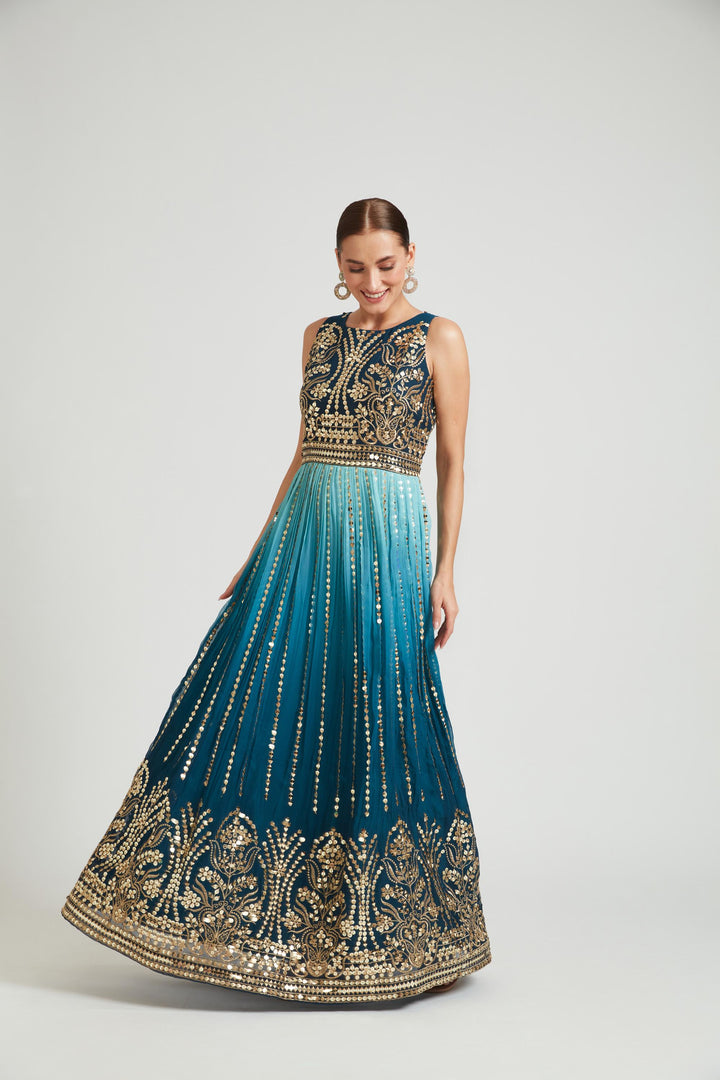 Neerus Green Georgette Embroidered Gown - detail view 3